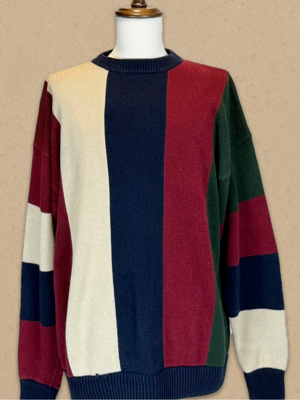 VINTAGE 90s colorblock wide stripe mens sweater oversized maroon navy burgundy